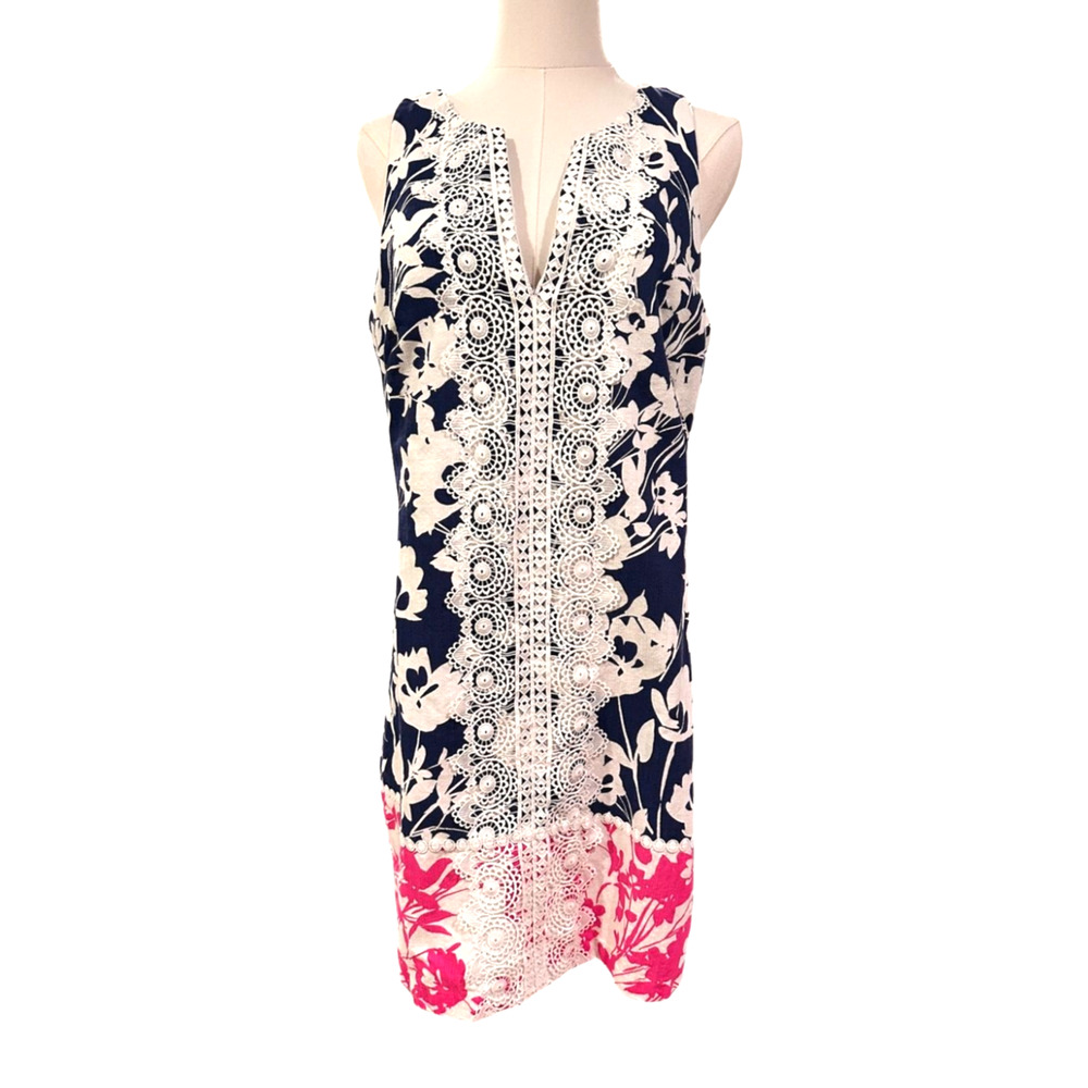 Eliza J Navy Blue Hot Pink Crochet Embroidered Sleeveless Shift Dress Size 12